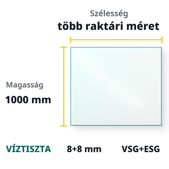 8+8 mm víztiszta edzett ragasztott biztonsági üveg - 1000 mm magas