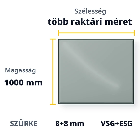 8+8 mm szürke edzett ragasztott biztonsági üveg - 1000 mm magas