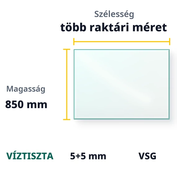 5+5 mm víztiszta ragasztott biztonsági üveg - 850 mm magas